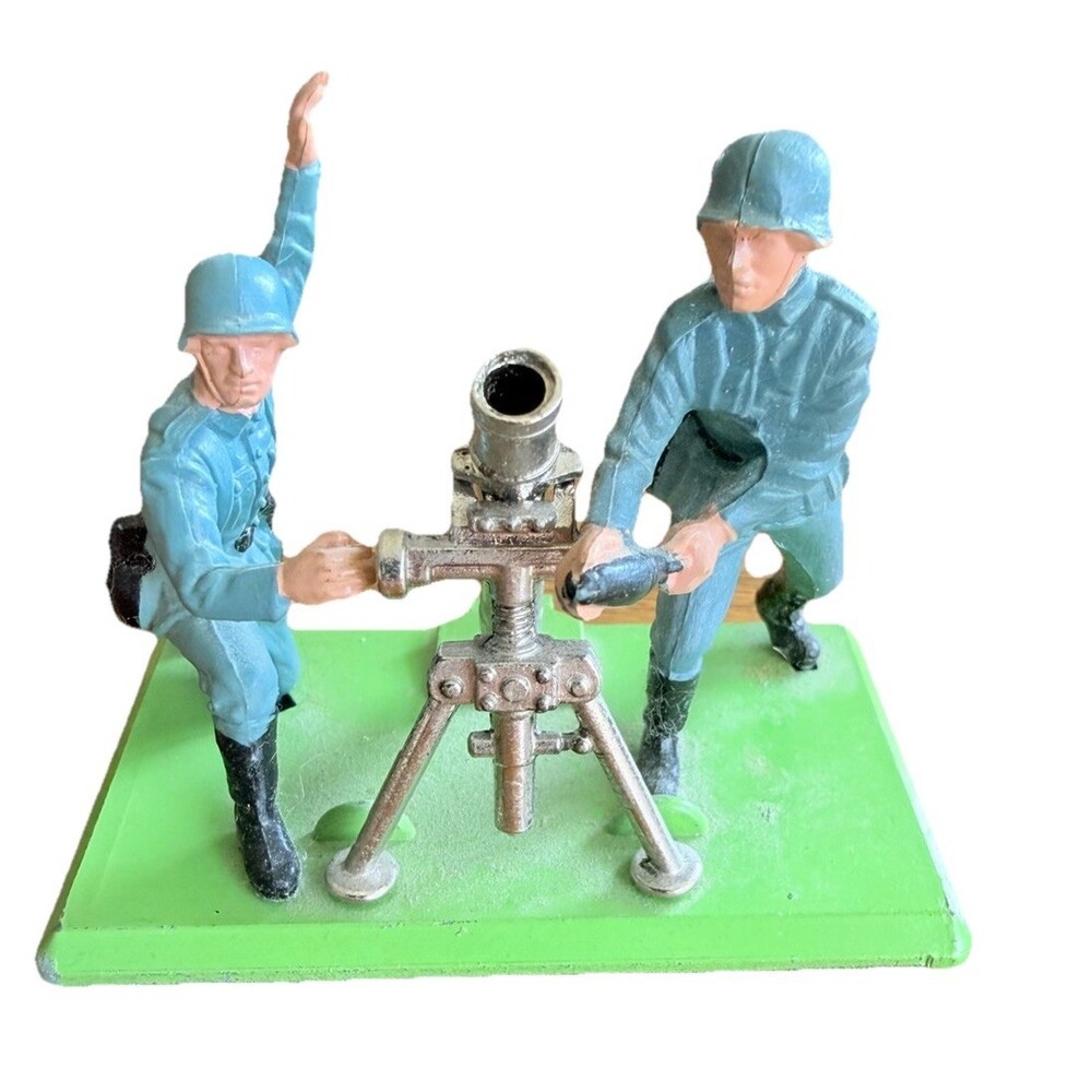 Vintage Army Soldiers Mortar Gun Set Plastic Figures Military Toy Diorama